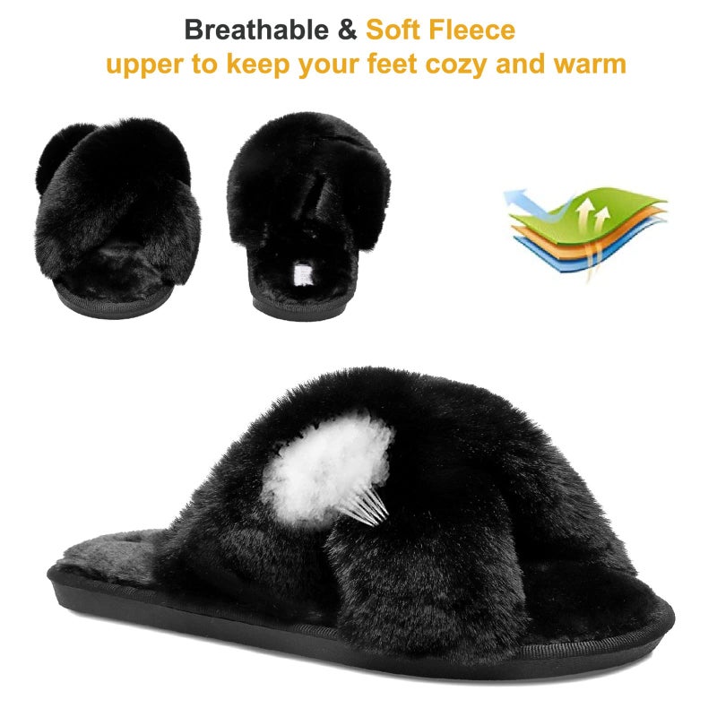 JIASUQI Cross Open Toe Fuzzy Fluffy House Slippers for Women Cozy Memory Foam Plush Criss Cross Furry Slides Slippers Black 8-9 - Image 3